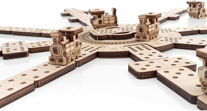 EWA Eco-Wood-Art Mexican Train Domino Game Set - Deluxe Wooden Version with 91 Dominoes, Holders, Locomotives, Station Hub, and Storage Box | Family Board Game