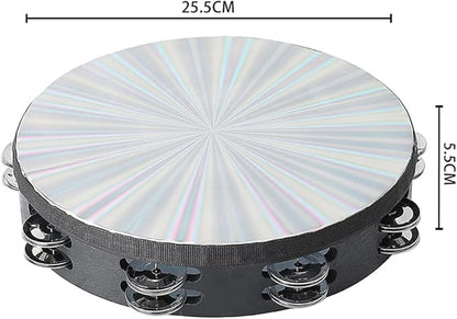 Musfunny Radiant Tambourine 10 inch for Adults 2-Row Jingles Bell Reflective Tambourines Hand Held Drum Musical Instrument for Kids Education KTV Party Church - 10 inch