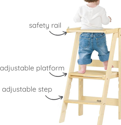 dadada Baby Foldable Montessori Tower - Adjustable Kitchen Step Stool for Kids with Safety Rail, Non-Toxic Finish, Great for Small Space Living (Natural)