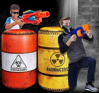 Package 8 Combat Battle Field Inflatables, 6 Barrels + 1 Sandbag + 1 Army Box, Compatible with Laser tag, Water Gun for Boys Birthday Party Activities and Decoration.