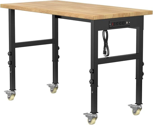 48" Adjustable Workbench,Heavy-Duty Work Table,3000 LBS Load Capacity Hardwood Workstation Outlets with Power Strips and Wheels,for Workshop, Garage