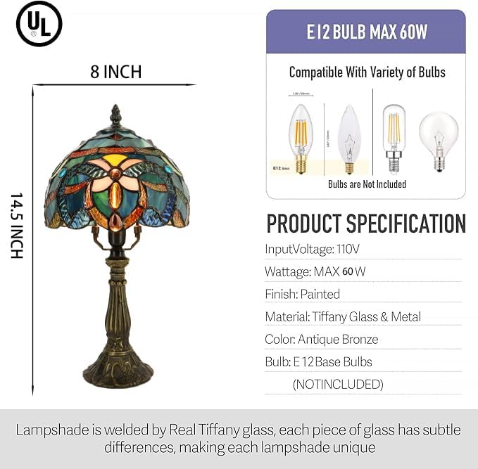 Small Tiffany Lamp Mini Accent Table Lamp Stained Glass Desk Memory Lamp Sympathy 8X14.5 Inch (Blue Baroque Style)