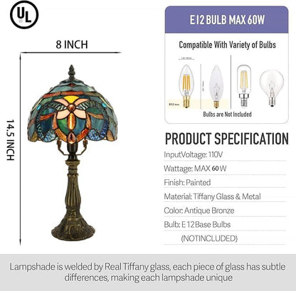 Small Tiffany Lamp Mini Accent Table Lamp Stained Glass Desk Memory Lamp Sympathy 8X14.5 Inch (Blue Baroque Style)