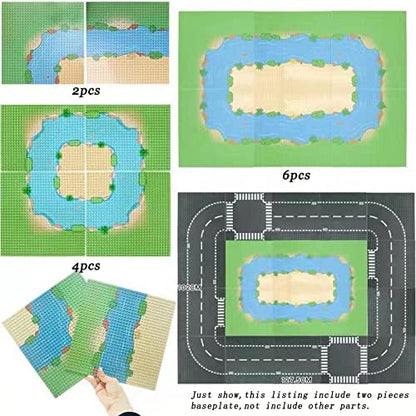 Baseplates Grassland Field and River Pattern 10"x10" Brick Building Block Classic Base Plate Toy for City Roads,Farm,Garden Etc Tight fit Major Brands(1x Straight and 1x Curve)