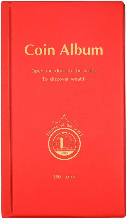 AITIME 180 Pockets Collection Supplies - Coin Holders Book Album for Collectors, Storage Suitable for Coin Diameter Less Than 1.66 Inches (Red)