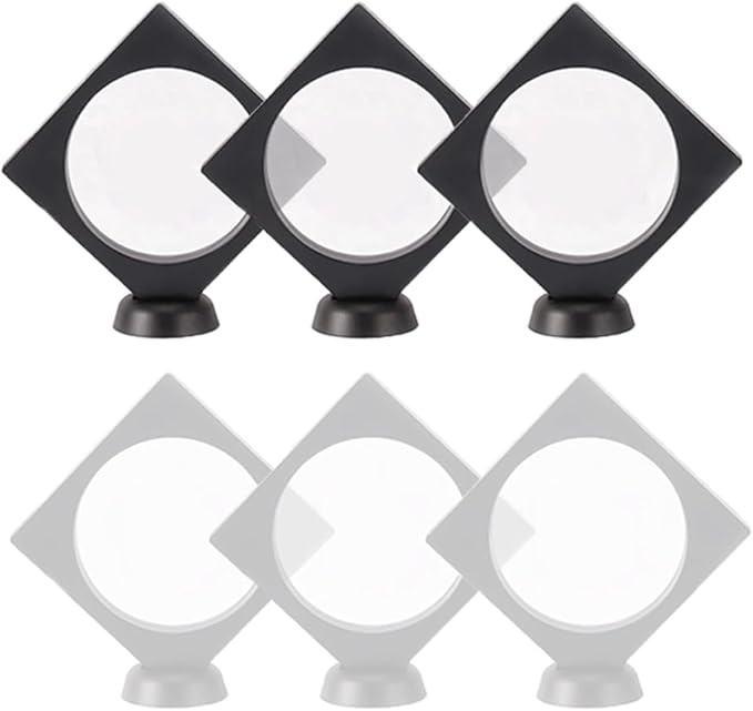 6 Pcs 3D Floating Display Case Frame Display Holder Stands Inner Round Transparent PE Film Storage Box for Jewelry Challenge Coin Medal Antique 3.5 x 3.5 x 0.8 Inches Black and White