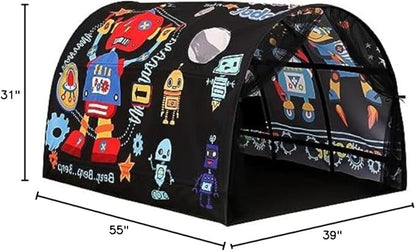 Kids Bed Tent Twin Beds -Cartoons Wonder Play Tents Boys Girls Ventilated Indoor Play Tent Children Promotes Independent Play, Stimulates Imagination Set-Up Playhouse (Robots)