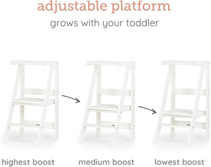 dadada Baby Foldable Montessori Tower - Adjustable Kitchen Step Stool for Kids with Safety Rail, Non-Toxic Finish, Great for Small Space Living (White)
