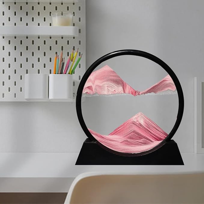 Aoderun Moving Sand Art Picture Round Glass 3D Deep Sea Sandscape in Motion Display Flowing Sand Frame Relaxing Desktop Home Office Work Decor (7", Pink)