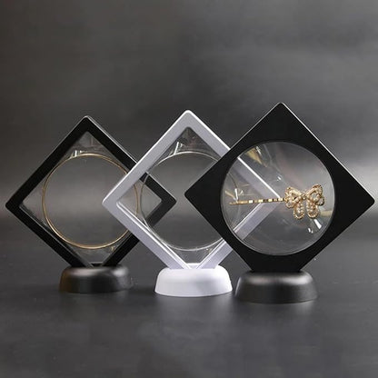 6 Pcs 3D Floating Display Case Frame Display Holder Stands Transparent PE Film Storage Box for Jewelry Challenge Coin Medal Antique 3.5 x 3.5 x 0.8 Inches Black and White