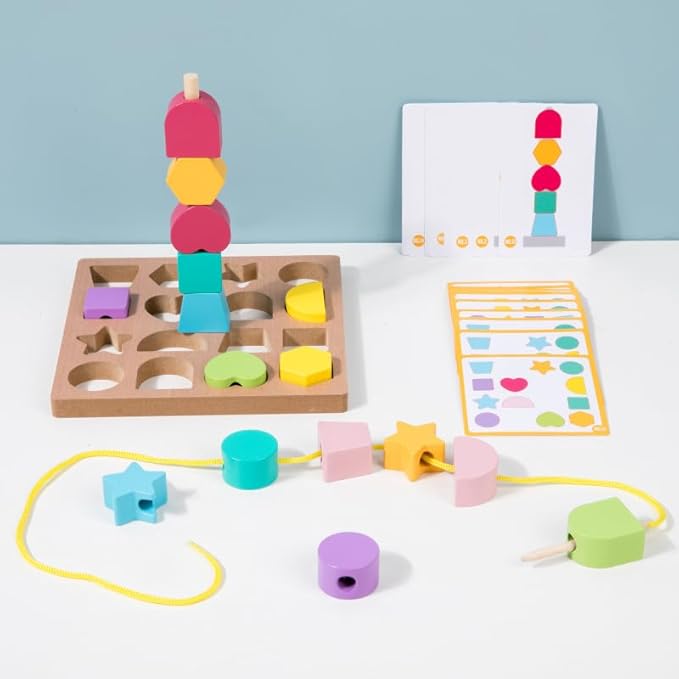 3-in-1 Shape Matching Alzheimers Products for Elderly，Easy Memory Puzzle for Alzheimers Patients，Beads Sequencing for Alzheimers, Lacing Beads, Stacking Blocks, Sensory Toys for Autism