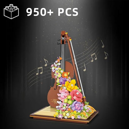 Mini Violin Building Blocks Sets Flower - 950+PCS Musical Instrument Micro Building Bricks Kit Floral - Creative Ideals, Collectible Architecture Decoration, Birthday Gift(Violin Flower)