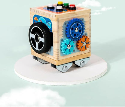 Wooden Activity Cube for Baby,Bus Busy Cube Montessori Travel Toys for Toddler 1 Year Old