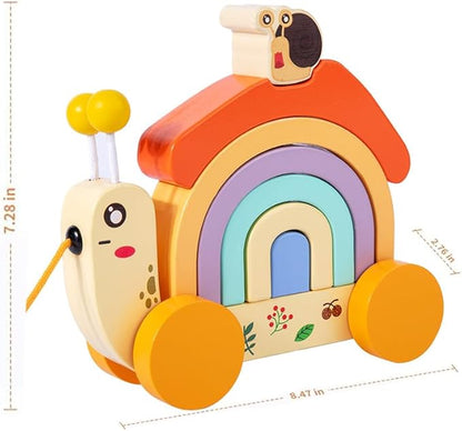Wooden Push and Pull Snail Toy with Removable Colorful Stacker, Wood Snail Rainbow Stacker with Wheel - Ideal for Grasping Practice and Developing Hand - Eye Coordination Motor Skills