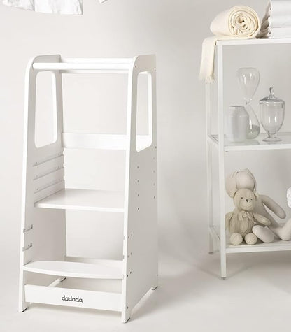 dadada Baby Montessori Toddler Tower - Adjustable Kitchen Step Stool for Kids with Safety Rail - Baby-Safe Finish, Encourages Cooking Skills and Independence - White