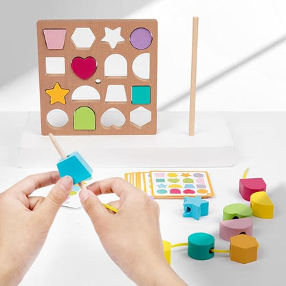 3-in-1 Shape Matching Alzheimers Products for Elderly，Easy Memory Puzzle for Alzheimers Patients，Beads Sequencing for Alzheimers, Lacing Beads, Stacking Blocks, Sensory Toys for Autism