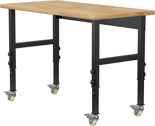 48" Adjustable Workbench,Heavy-Duty Work Table,3000 LBS Load Capacity Hardwood Workstation with Wheels,for Workshop, Garage