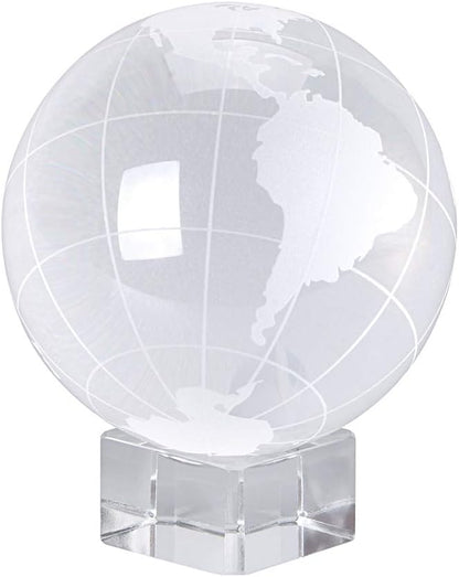 OwnMy 80mm World Globe Crystal Ball Glass Sphere Display Globe Paperweight Healing Meditation Ball with Clear Stand for Creative Gift