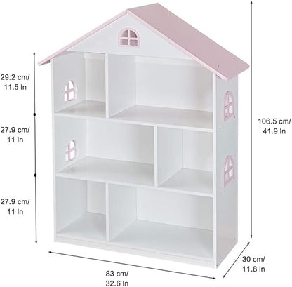 Wooden Dollhouse Bookshelf 3-Tier Doll House Bookcase Kids Books Toys Storage Organizer Shelves for Children's Bedroom Playroom Kindergarten Nursery Gift for Boys Girls Ages 3-8 Years Old