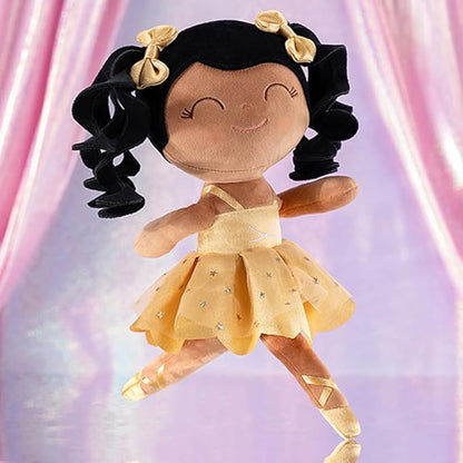 Gloveleya Baby Dolls Soft Snuggly Curly Hair Ballerina Doll First Baby Girl Gifts Plush Tanned Ballet Doll with Lace Mesh Dress Golden 14inches Ballerina Series