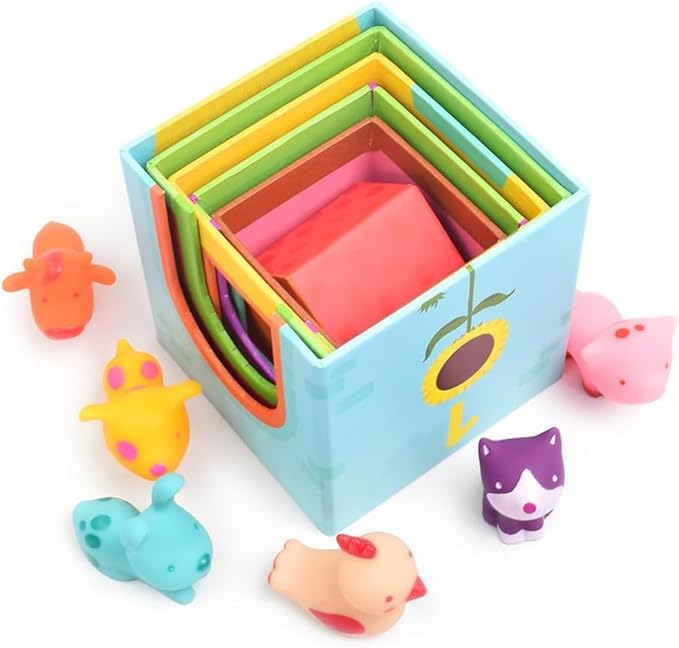 DJECO - Topanifarm Blocks - Build a Farm, Wooden Blocks & Animal Toys - Sorting & Stacking - Enhances Fine Motor Skills - Durable Playtime - Cute Design - Preschool Kids 18+ Months