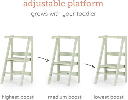 dadada Baby Foldable Montessori Tower - Adjustable Kitchen Step Stool for Kids with Safety Rail, Non-Toxic Finish, Great for Small Space Living (Sage Green)