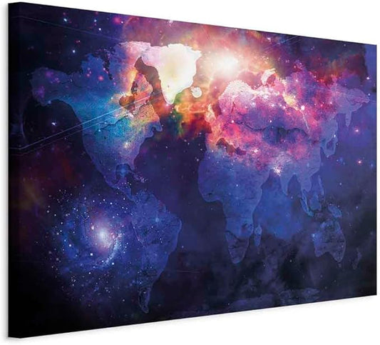 artgeist Canvas Wall Art Print Abstract World Map 35x24 in - 1pcs Home Decor Framed Stretched Picture Photo Painting Artwork Image - Country Map Map Cosmos Space k-C-0139-b-b