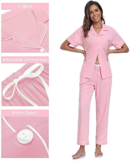 CF Womens 100% Cotton Pajamas Set Button Down Pjs Sets Short Sleeve Top & Long Pants Sleepwear Comfy Loungewear with Pockets