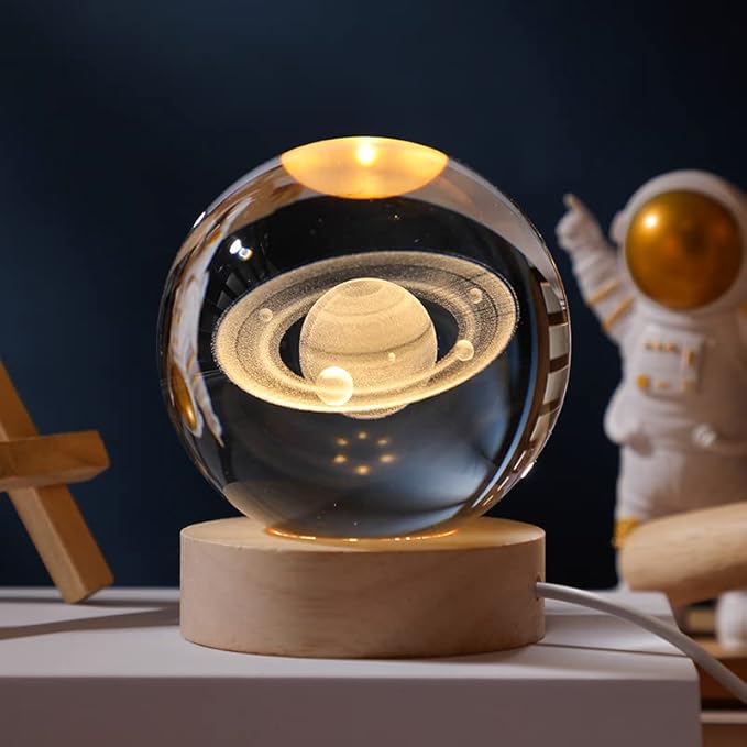 3D Saturn Globe Crystal Ball, Laser Engraved Planet Model Astronomy Sphere Decor, 2.4" Paperweight Crystal Universe Gifts for Kids, Space Model Collectors