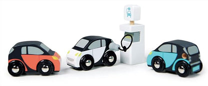 Tender Leaf Toys - Smart Car Set - 3 Pretend Electric Wooden Smart Cars with Charging Unit - Open-Ended Play Toy, Explore Role-Play and Imagination, for Boys and Girls Age 18m+