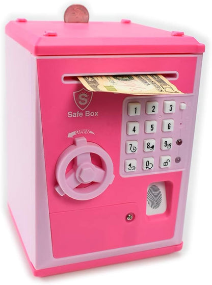 Toy Safe Box, Electronic ATM Piggy Bank, Money Coin Savings Bank, Finger Print Scanner Lock, Great Gift for Children Kids (Pink/Pink)
