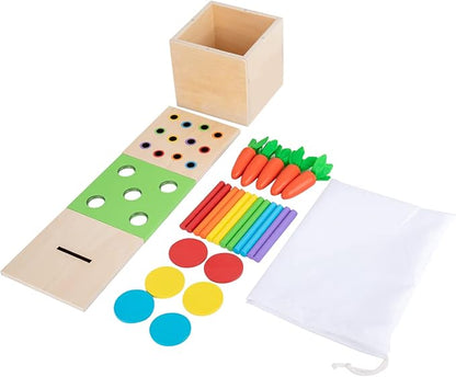 Adena Montessori 3 for 1 Wooden Montessori Play Kit Baby Toys,includes Matchstick Color Drop Game,Carrot Harvest Game and Coin Box,Learning Toy for Kid 1,2,3 Year Old,Girl Boy Gift for Baby 6-12 Month