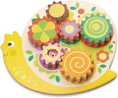 Tender Leaf Toys - Snail Whirls - 6 Removable Flowers Gears, Playset for Toddlers and Kids - Wooden Stacking, Multi-Color Flower Garden Beds