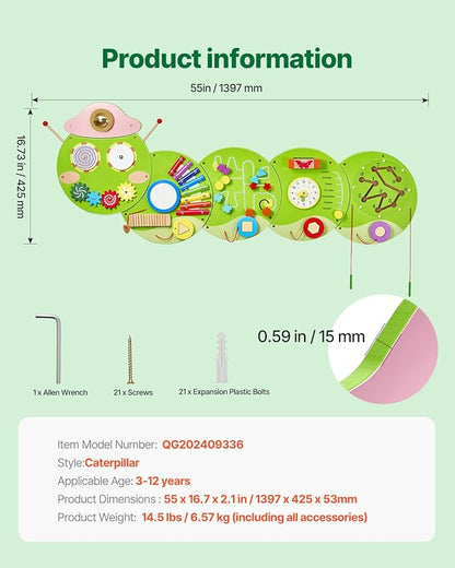 VEVOR Caterpillar Activity Wall Busy Board, 12 Activities Board, Montessori Sensory Panel for Kids 3-12 Years, Sensory Wall Activity Panel, Ideal for Toddler Playroom Nursery Classroom