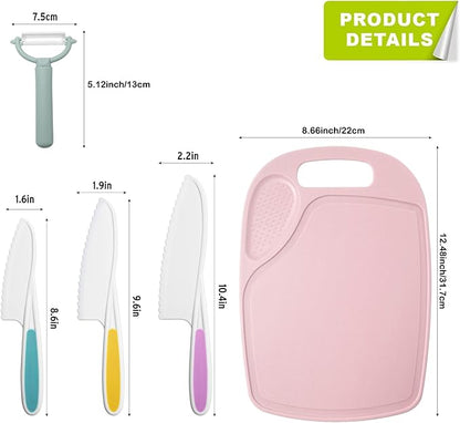 3 Pieces Kids Knife Set for Cooking, with Cutting Board and Safe Lettuce and Salad Knives, Kids Cooking Utensils in 3 Sizes & Colors for Fruit, Bread, Cake, Salad