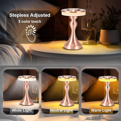 Portable Metal LED Table Lamp,Cordless Battery Table Lamp,3 Color Touch Control Rechargeable Desk Lamp,3-Levels Brightness Bedside Battery Lamp,Night Light for Kids Nursery,Dining Room Lamp