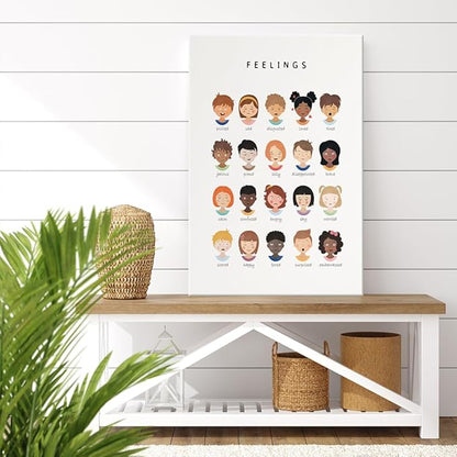 uoyien Feelings Chart And Emotions Poster For kids Mental Health Awareness Canvas Wall Art Special Emotions Faces Calm Corner Prints Classroom Social Worker Office Decor 16x22in Wood Framed