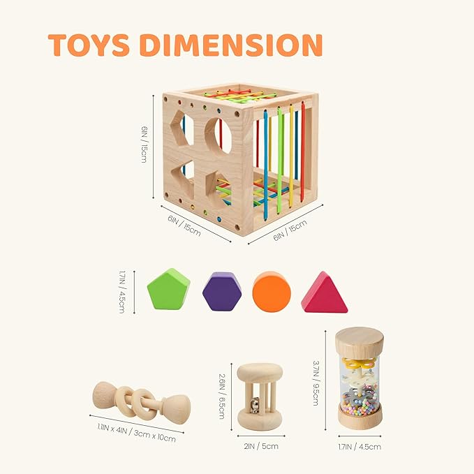 Montessori Wooden Shape Sorting Cube – Baby Sensory Rattles for Infants Over 18 Months, Wooden Baby Toys for 2 Year Old Educational Shape Sorter for Babies & Toddlers