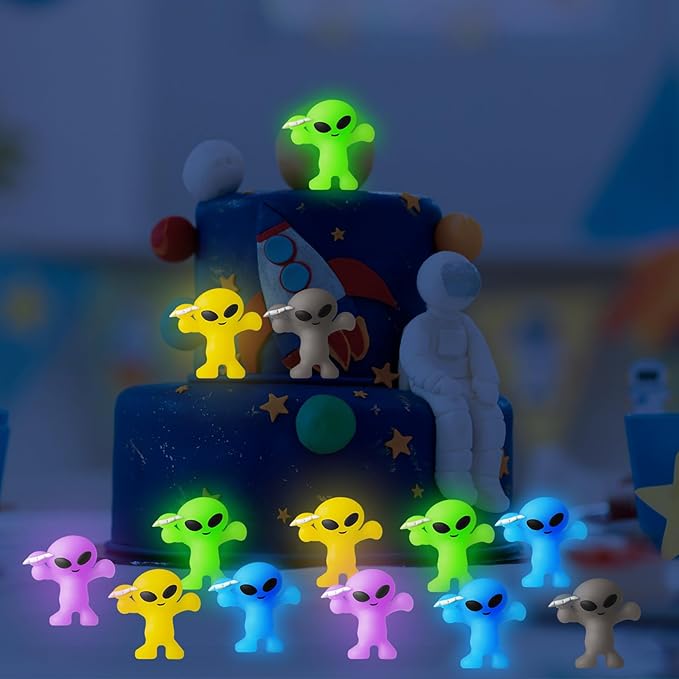 20 Pcs Colorful Mini Alien Figures Glow in The Dark Small Little Tiny Aliens Figurine Space Ship Toy Space Party Favors Prank Rubber Bag Piñata Filler