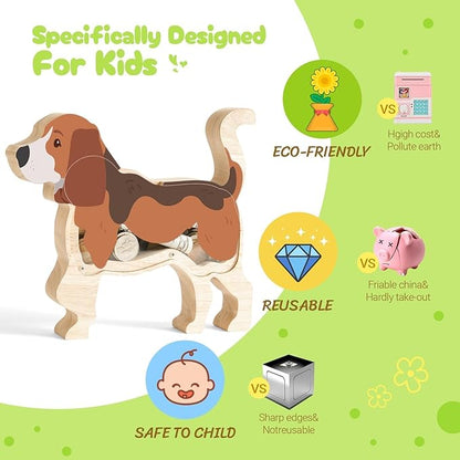 Wooden Beagle Dog Piggy Banks for Kids, Adorable Dog Piggy Bank with Acrylic Panels, Unbreakable Toddler Money Box for Boys Girls, Cute Saving Coin Jar for Birthday Décor
