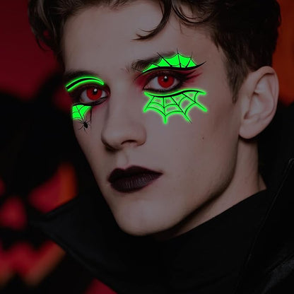 12 Pairs Halloween Glow Up Eye Shadow Temporary Tattoos Eyeliner Tattoo Stickers Spider Web Bat Pattern Eyeliner Fake Tattoos for Women Men Face Eye Makeup Halloween Decals Party Supplies