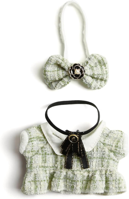 17cm Doll Clothes for Labubu- Luxury Chic Style Set for 17cm Dolls Outfit - Accessories for Dolls Clothes -Green Plaid Tweed Dress + Black Necktie + Green Bow (No Doll)
