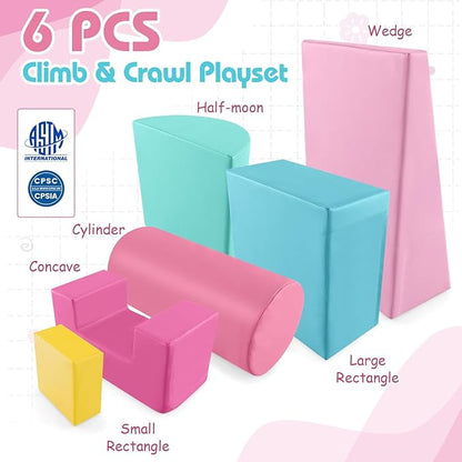 Costzon Toddler Climbing, 6 Pieces Climb and Crawl Playset with PU Cover for Baby Crawling, Climbing & Walking, Indoor Foam Climbing Blocks for Toddlers (Pink)