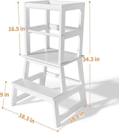 Kids Kitchen Step Stool with Safety Rail,Wooden Toddler Standing Tower for Kitchen Counter, Kids Montessori Stool, Solid Wood Construction,White