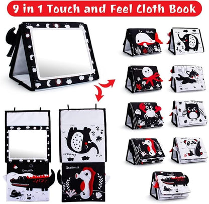 Tummy Time Mirror, Baby Tummy Time Toys with Soft Book, Black and White High Contrast Baby Toys, 3D Activity Sensory Montessori Toys Crawling Mat