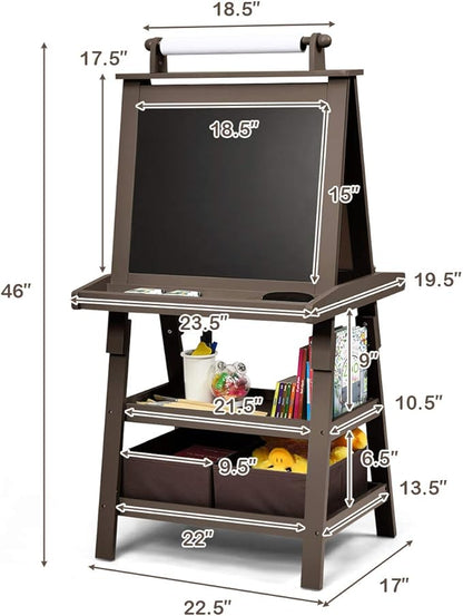 Costzon Kids Art Easel, 3 in 1 Double-Sided Wooden Easel w/Magnetic Whiteboard, Chalkboard & Paper Roll, 2-Tier Rack w/ 2 Storage Boxes, Standing Easel for Kids, Toddlers, Boys, Girls (Coffee)