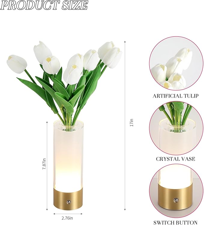Flower Night Light,Touch Vase Lamp,Rechargeable Cordless Table Lamp,Dimming Small Mood Lighting for Dining Table/Bed Room/Bathroom/Closet,Gifts for Women/Mom, Artificial Tulips Included