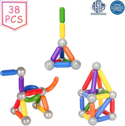 Bmag 38 PCS Magnetic Balls and Rods Set, Magnet Building Sticks Set, Building Blocks Tiles, STEM Stacking Toys for Kids,Juniors,Toddlers
