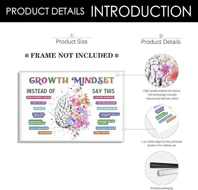CEHNSENHUI Classroom Growth Mindset Affirmations for Kids Mental Health Posters Brain Poster Psychology Special Education Calm Corner Wall Art Office Therapy Canvas Wall Decor 24x36in Unframed