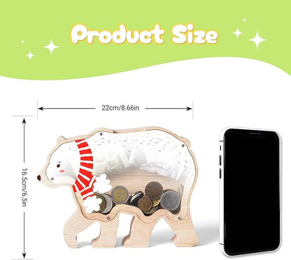 Wooden Christmas Piggy Bank for Kids, Adorable Bear Piggy Bank with Acrylic Panels, Unbreakable Toddler Money Box for Boys Girls, Cute Christmas Saving Coin Jar for Birthday, Decor